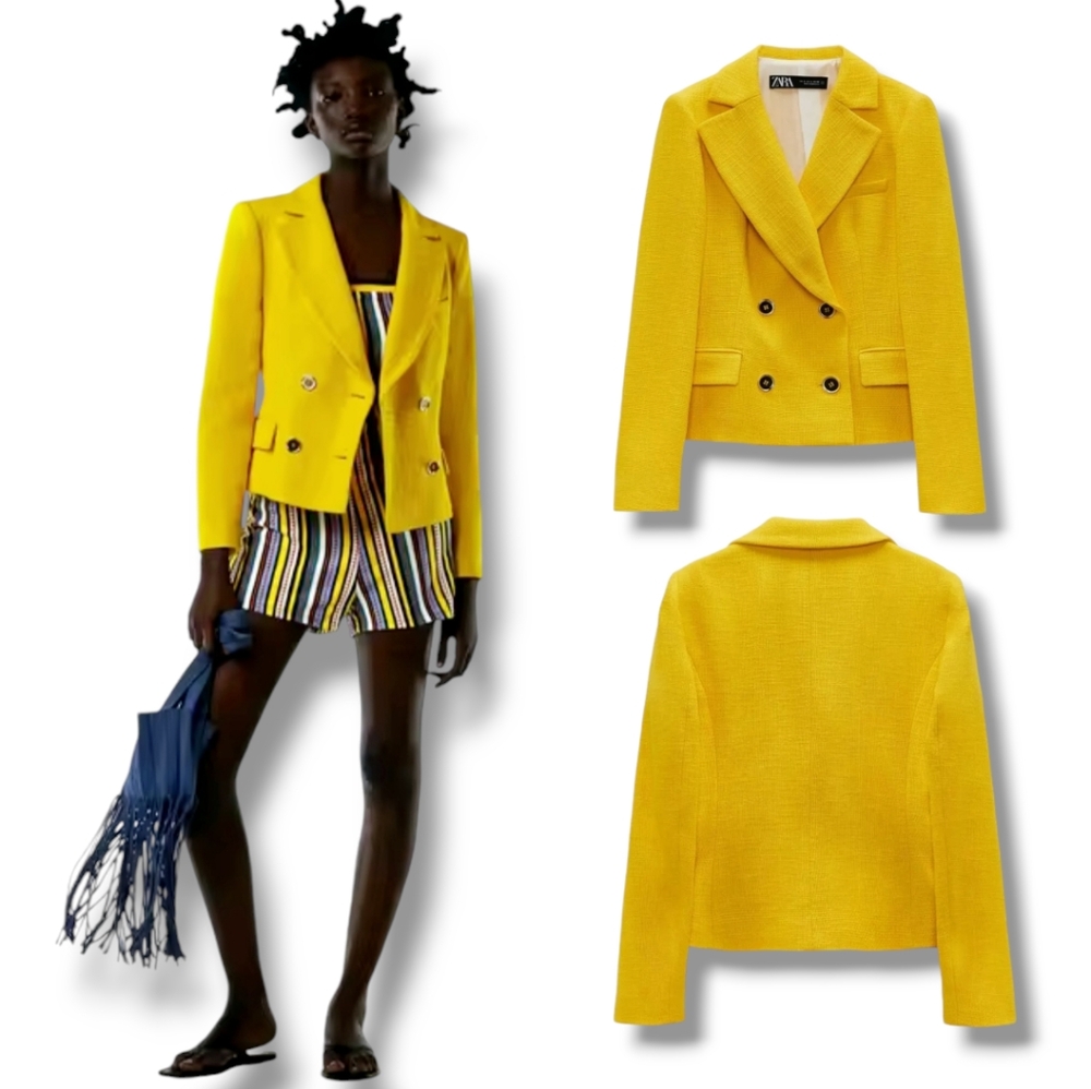 ZARA Women's Bright Yellow Cotton Tweed Double-Breasted Blazer